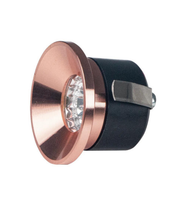 Round light fixture with copper finish and black base on a white background