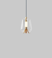Modern pendant light with clear glass shade and wooden base on a gray background