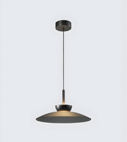Modern pendant light with a black shade on a white background