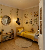 Children's bedroom with panda and bear wall decals, a bed with yellow bedding, and decorative items.