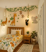Children's bedroom with animal-themed wall decals and decor