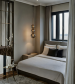 Modern bedroom with a bed, side table, and decorative elements.