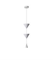 Modern pendant light with three tiered shades on a white background
