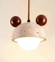 Modern pendant light with concrete shade and brown spherical accents on a neutral background