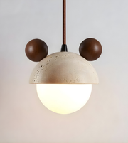 Pendant light with concrete shade and brown accents on a plain background