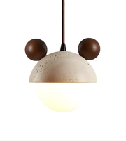 Pendant light with a beige concrete shade and brown spherical ends on a white background