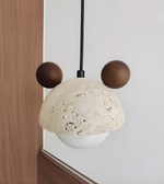 Pendant light with a textured beige shade and brown spherical ends against a neutral background