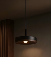 Modern pendant light fixture hanging in a dimly lit room.
