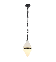 Pendant light with white shade and black chain on a white background