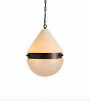 Pendant light with a beige glass shade and black metal band on a white background