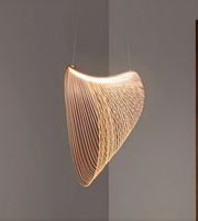 Modern pendant light with a geometric design on a plain background