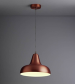 Bronze pendant light hanging against a gray background