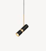 Modern pendant light with black and gold design on a white background
