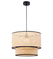 Pendant light with beige woven shade and black frame on a white background