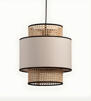 Pendant light with beige lampshade and woven design on a white background