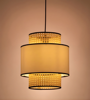 Decorative pendant light with woven design on a beige background