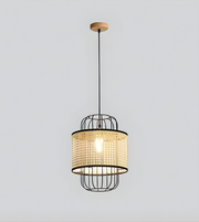 Modern pendant light with woven design on a plain background