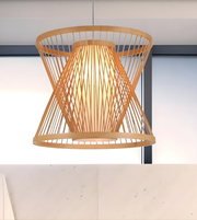 Wooden pendant light with a modern design on a neutral background