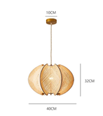 Wooden pendant light with dimensions on a white background