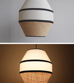 Two views of a pendant light with woven design on a plain background