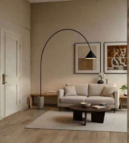 Artistic orb floor lamp beside sofa in minimalist interior