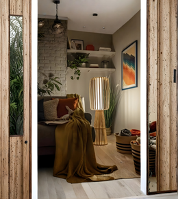 Natural bamboo slatted floor lamp styled in a cozy living room