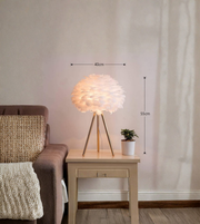 Feather tripod lamp with gold base shown with dimensions