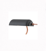 Close-up of black metal shade with copper detailing on banker lamp