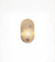 Oval gold wall sconce with perforated metal frame on white background