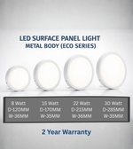 Round LED surface panel light metal body eco series with 2 year warranty available in 8W 15W 22W and 30W