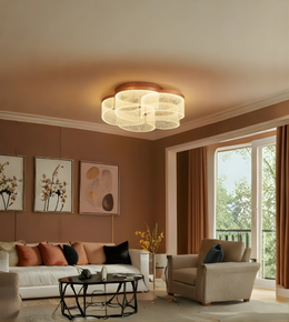 Modern living room with a ceiling light fixture, sofa, and armchair.