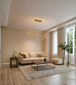 Modern living room with beige sofa, coffee table, and decorative elements.