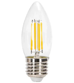 Clear LED light bulb with visible filaments on a white background
