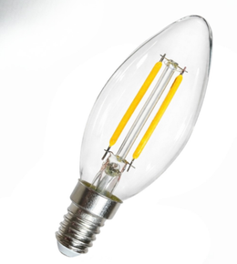 Clear LED light bulb with visible filaments on a white background