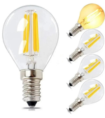 Clear LED light bulb with visible filaments and base, shown from multiple angles on a white background.