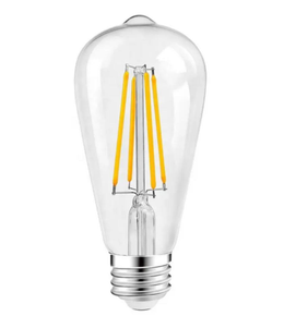 Clear LED light bulb with visible filaments on a white background