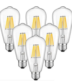 Set of six clear LED light bulbs with yellow filaments on a white background