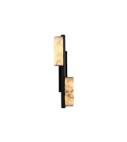 Wall-mounted light fixture with black frame and beige marble-like panels on a white background