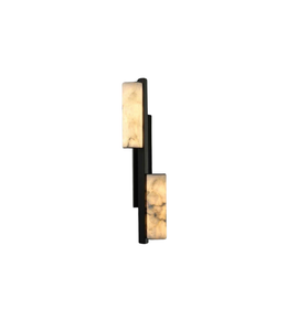 Wall-mounted light fixture with black frame and beige marble-like panels on a white background