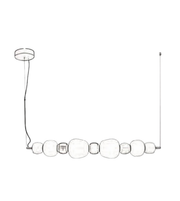 Line drawing of a modern pendant light fixture with spherical elements.