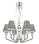 Black and white line drawing of a chandelier with four lampshades.