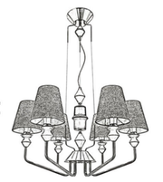 Black and white line drawing of a chandelier with four lampshades.