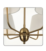 Chandelier with gold fixture and white lampshades on a light background