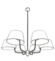 Black and white line drawing of a chandelier with four lampshades on a white background