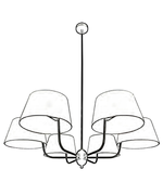 Black and white line drawing of a chandelier with four lampshades on a white background