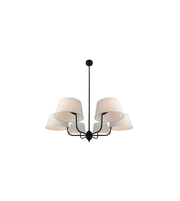 Chandelier with white lampshades and black metal fixture on a white background