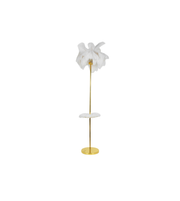 Decorative floor lamp with white feathers and gold base on a white background