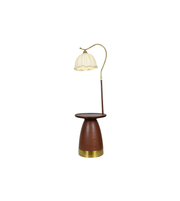Decorative floor lamp with a wooden base and brass accents on a white background