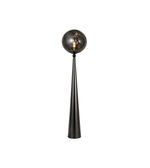 Tall black outdoor lamp with spherical top on a white background