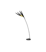 Modern floor lamp with black curved design on a white background
